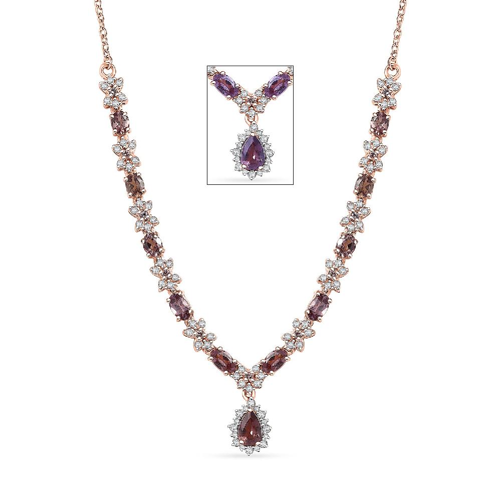 D'Joy Madagascar Color Change Garnet and White Zircon 4.25 ctw Floral Necklace 18 Inches in 18K Vermeil Rose Gold Over Sterling Silver