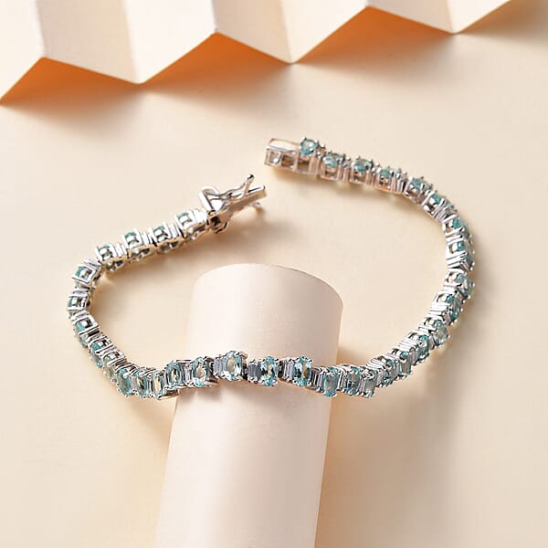 D'Joy Madagascar Lagoon Apatite And Moissanite 10.70 Ctw Ocean Wave Bracelet In Rhodium Over Sterling Silver (7.25 In)
