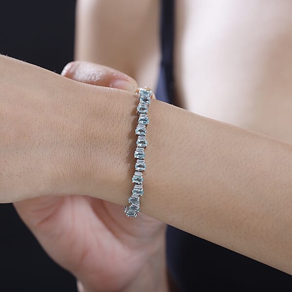 D'Joy Madagascar Lagoon Apatite And Moissanite 10.70 Ctw Ocean Wave Bracelet In Rhodium Over Sterling Silver (7.25 In)
