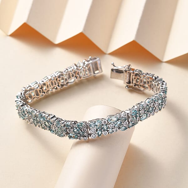 D'Joy Madagascar Lagoon Apatite And Moissanite 13.00 Ctw Ocean Bubble Bracelet In Rhodium Over Sterling Silver (7.25 In)