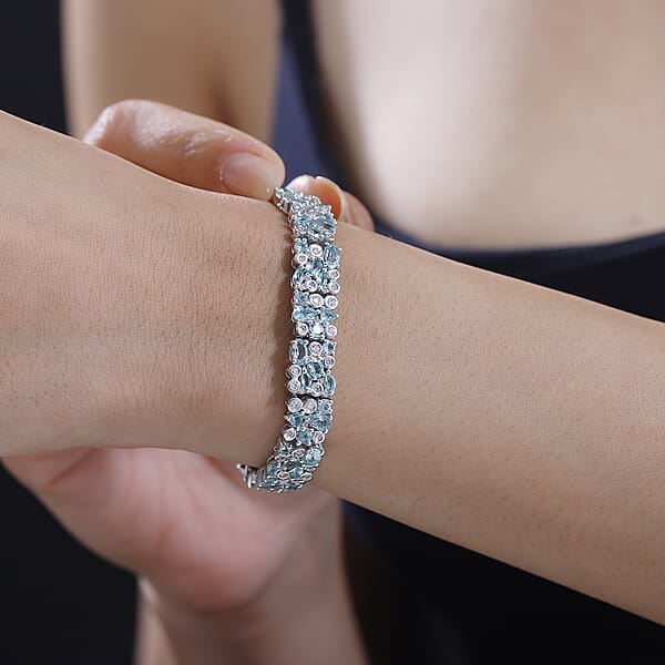 D'Joy Madagascar Lagoon Apatite And Moissanite 13.00 Ctw Ocean Bubble Bracelet In Rhodium Over Sterling Silver (7.25 In)