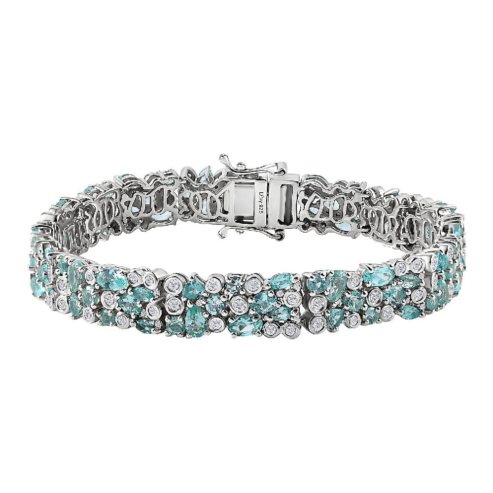 D'Joy Madagascar Lagoon Apatite and Moissanite 13.00 ctw Ocean Bubble Bracelet in Rhodium Over Sterling Silver (7.25 In)