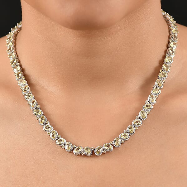 D'Joy Madagascar Yellow Apatite And Yellow Sapphire 31.30 Ctw Floral Vine Necklace 18 Inches In Rhodium Over Sterling Silver