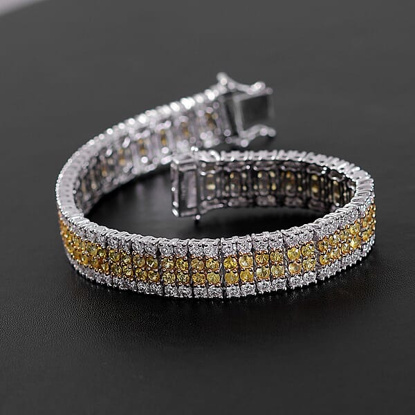 D'Joy Madagascar Yellow Sapphire And Moissanite 17.70 Ctw Sunlit Elegance Bracelet In 18K Vermeil YG And Rhodium Over Sterling Silver (7.25 In)