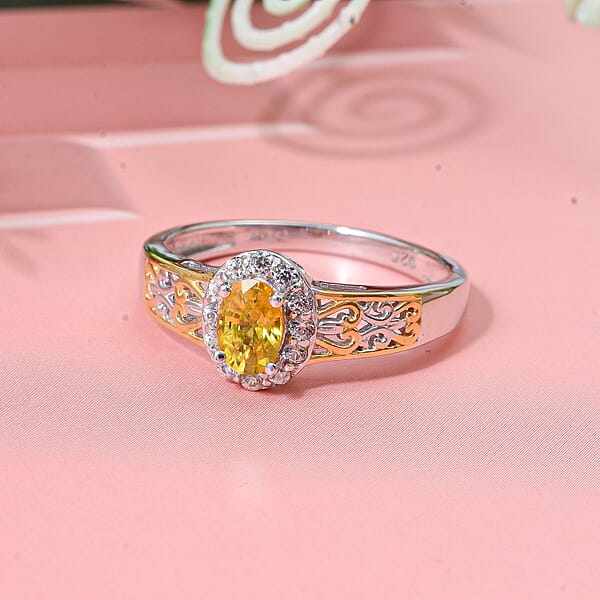 D'Joy Madagascar Yellow Sapphire And White Zircon 0.85 Ctw Art Deco Ring In 18K Vermeil YG And Rhodium Over Sterling Silver