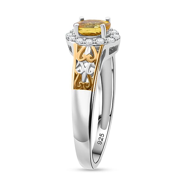 D'Joy Madagascar Yellow Sapphire And White Zircon 0.85 Ctw Art Deco Ring In 18K Vermeil YG And Rhodium Over Sterling Silver