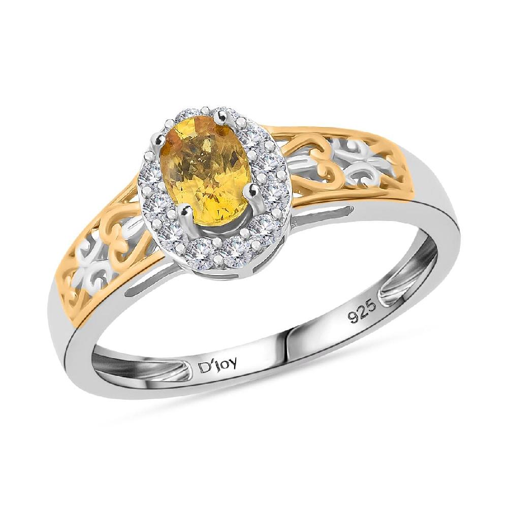 D'Joy Madagascar Yellow Sapphire and White Zircon 0.85 ctw Art Deco Ring in 18K Vermeil YG and Rhodium Over Sterling Silver