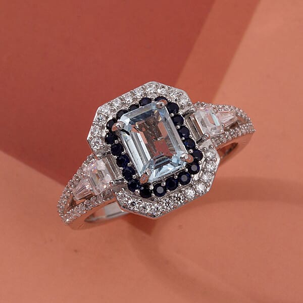 D'Joy Mangoro Aquamarine Multi Gemstone Ring In Rhodium Over Sterling Silver 1.70 Ctw