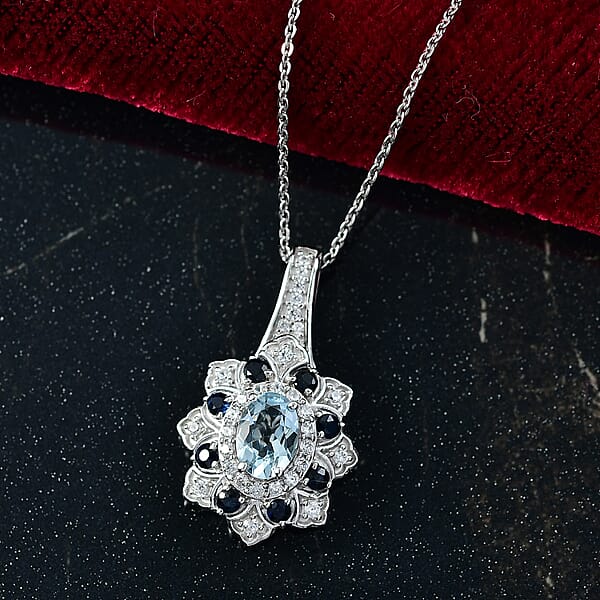 D'Joy Mangoro Aquamarine Multi Gemstone Tulip Pendant Necklace In Rhodium Over Sterling Silver 1.50 Ctw (20 Inches)