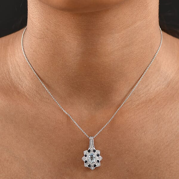 D'Joy Mangoro Aquamarine Multi Gemstone Tulip Pendant Necklace In Rhodium Over Sterling Silver 1.50 Ctw (20 Inches)
