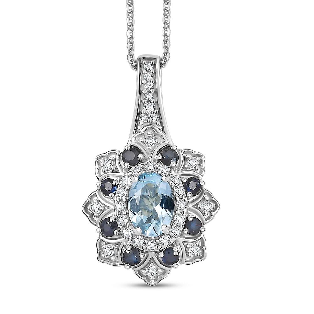 D'Joy Mangoro Aquamarine Multi Gemstone Tulip Pendant Necklace in Rhodium Over Sterling Silver 1.50 ctw (20 Inches)
