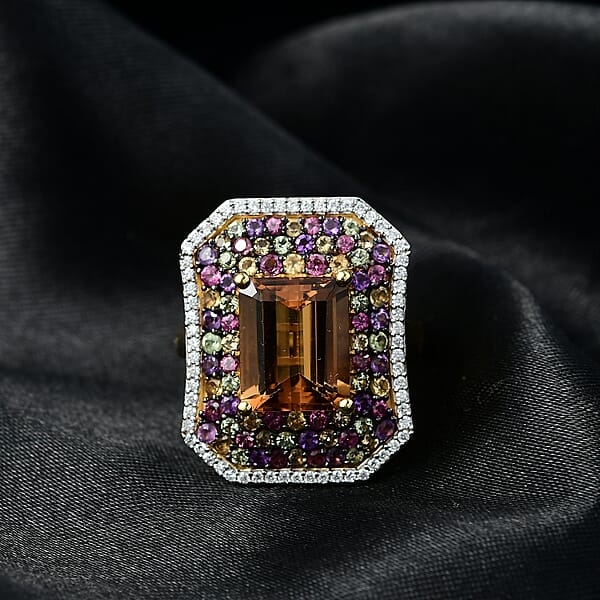 D'Joy Marialite Multi Gemstone Art Deco Ring In 18K Vermeil YG Over Sterling Silver 6.20 Ctw
