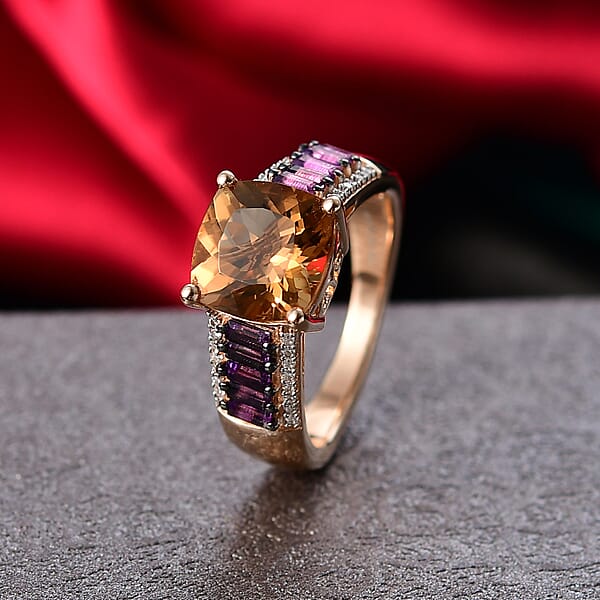 D'Joy Marialite Multi Gemstone Art Deco Ring In 18K Vermeil RG Over Sterling Silver 3.50 Ctw