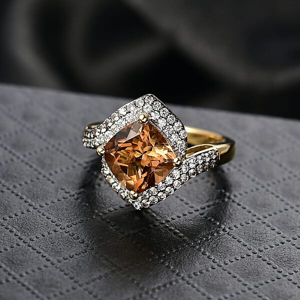 D'Joy Marialite White Zircon Champagne Zircon Art Deco Ring In 18K Vermeil YG Over Sterling Silver 3.60 Ctw