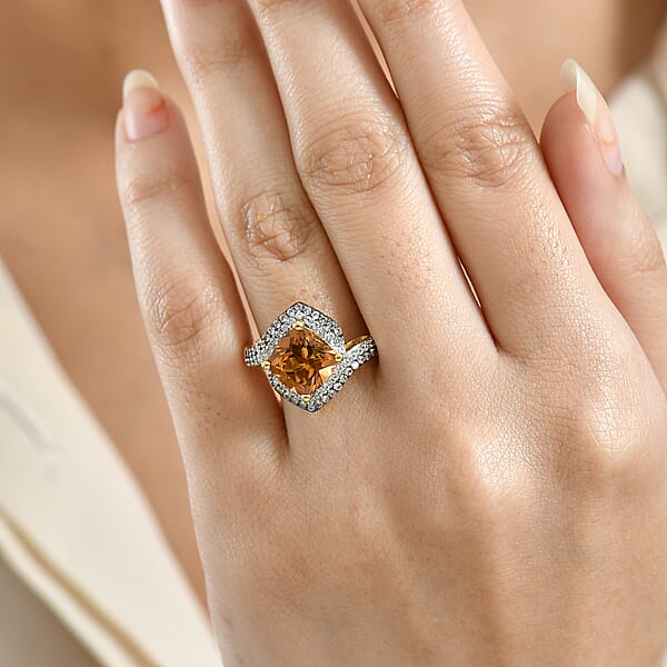 D'Joy Marialite White Zircon Champagne Zircon Art Deco Ring In 18K Vermeil YG Over Sterling Silver 3.60 Ctw