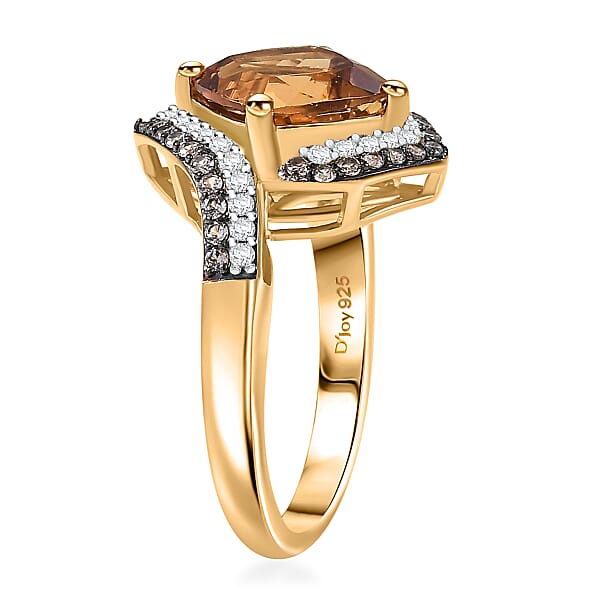 D'Joy Marialite White Zircon Champagne Zircon Art Deco Ring In 18K Vermeil YG Over Sterling Silver 3.60 Ctw