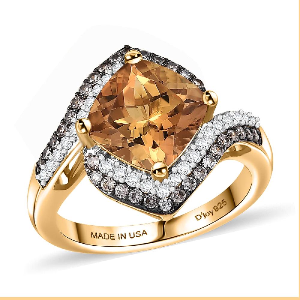 D'Joy Marialite White Zircon Champagne Zircon Art Deco Ring in 18K Vermeil YG Over Sterling Silver 3.60 ctw