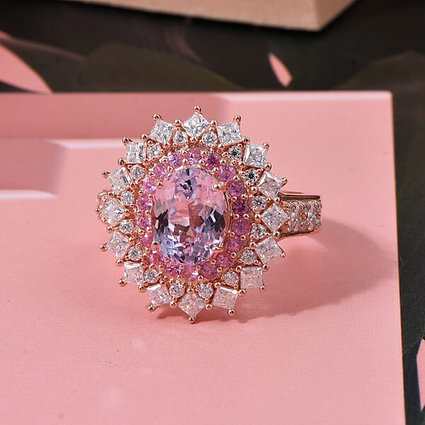 D'Joy Martha Rocha Kunzite And Multi Gemstone 4.00 Ctw Dahlia Bloom Ring In 18K Vermeil Rose Gold Over Sterling Silver