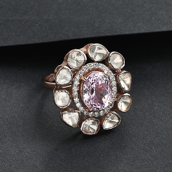D'Joy Martha Rocha Kunzite Lab Grown Polki Diamond Ring In 18K Vermeil RG Over Sterling Silver 5.10 Ctw