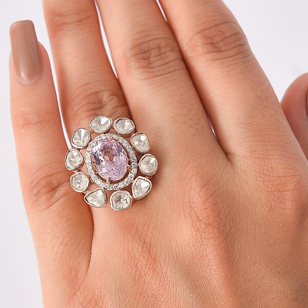 D'Joy Martha Rocha Kunzite Lab Grown Polki Diamond Ring In 18K Vermeil RG Over Sterling Silver 5.10 Ctw