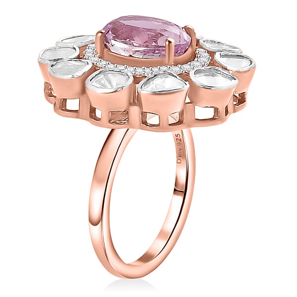 D'Joy Martha Rocha Kunzite Lab Grown Polki Diamond Ring In 18K Vermeil RG Over Sterling Silver 5.10 Ctw