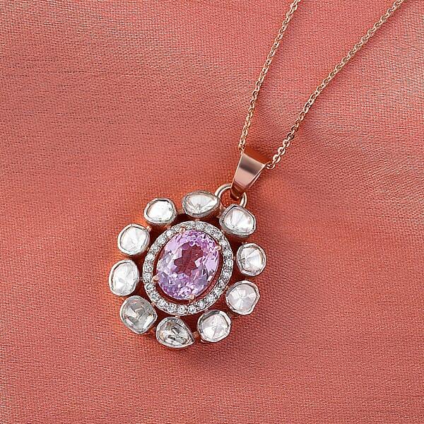 D'Joy Martha Rocha Kunzite Lab Grown Polki Diamond Pendant Necklace In 18K Vermeil RG Over Sterling Silver 5.10 Ctw (20 Inches)