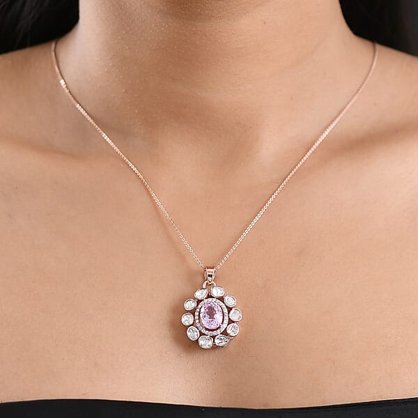 D'Joy Martha Rocha Kunzite Lab Grown Polki Diamond Pendant Necklace In 18K Vermeil RG Over Sterling Silver 5.10 Ctw (20 Inches)