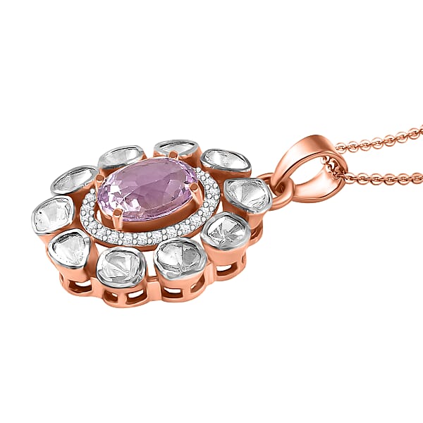 D'Joy Martha Rocha Kunzite Lab Grown Polki Diamond Pendant Necklace In 18K Vermeil RG Over Sterling Silver 5.10 Ctw (20 Inches)