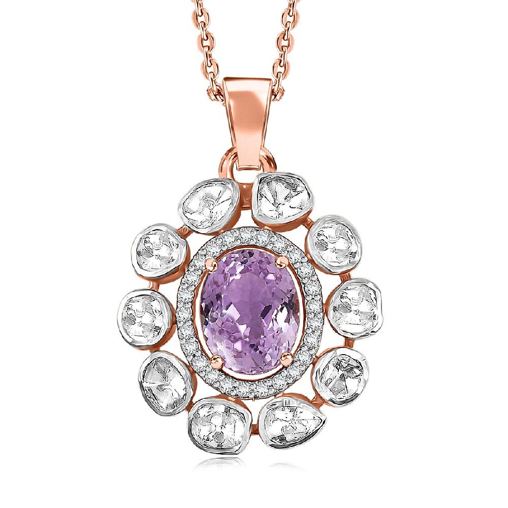 D'Joy Martha Rocha Kunzite Lab Grown Polki Diamond Pendant Necklace in 18K Vermeil RG Over Sterling Silver 5.10 ctw (20 Inches)