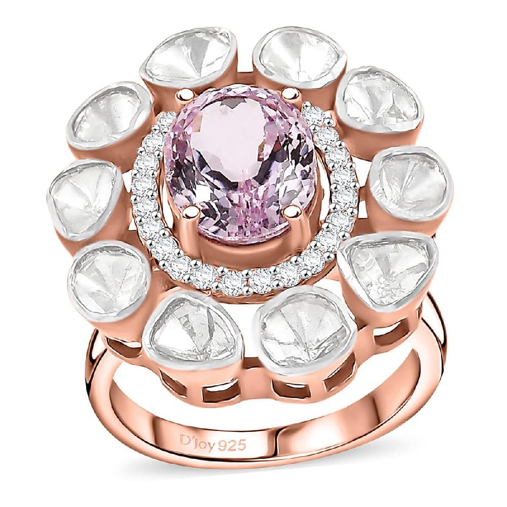 D'Joy Martha Rocha Kunzite Lab Grown Polki Diamond Ring in 18K Vermeil RG Over Sterling Silver 5.10 ctw