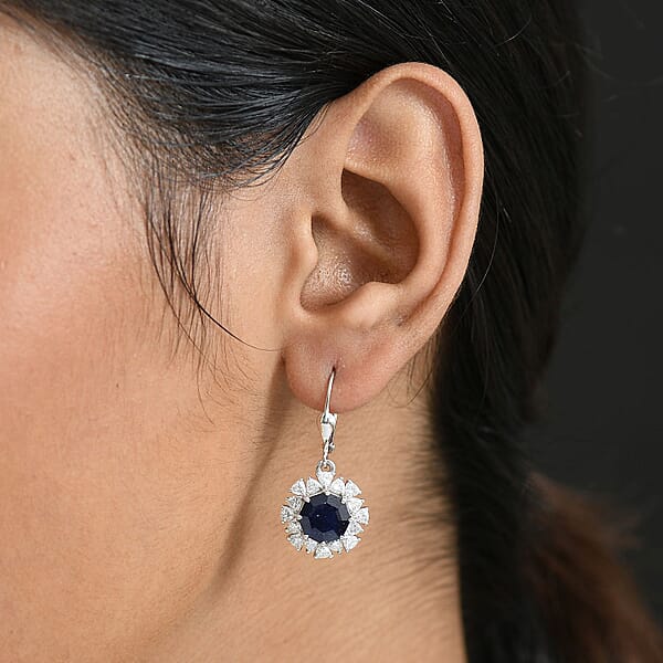 D'Joy Masoala Sapphire (D) And Moissanite 8.10 Ctw Earrings In Rhodium Over Sterling Silver