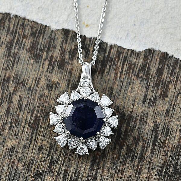 D'Joy Masoala Sapphire (D) And Moissanite 8.20 Ctw Pendant Necklace In Rhodium Over Sterling Silver 20 Inches