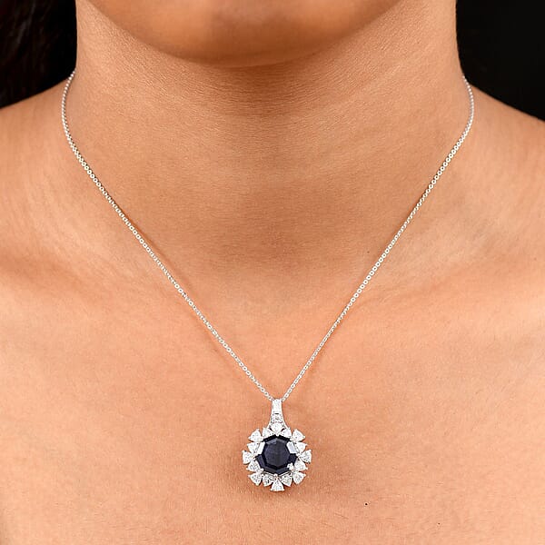 D'Joy Masoala Sapphire (D) And Moissanite 8.20 Ctw Pendant Necklace In Rhodium Over Sterling Silver 20 Inches