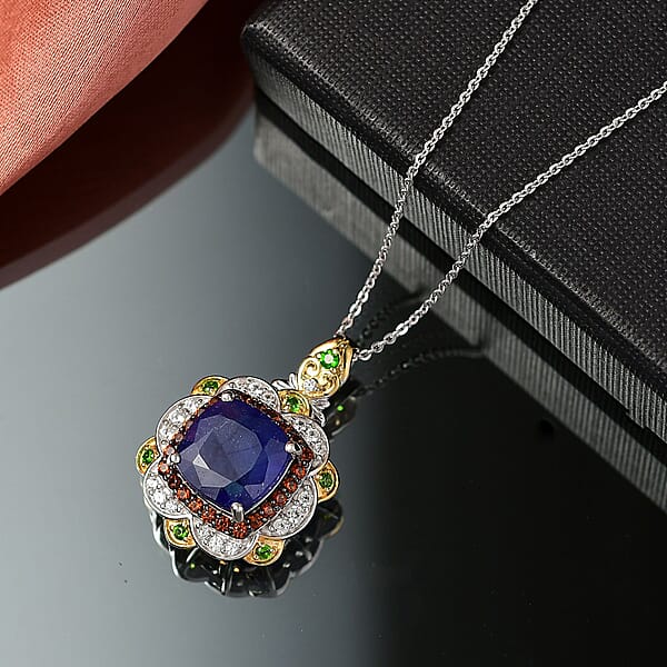D'Joy Masoala Sapphire (D) And Multi Gemstone 7.60 Ctw Regal Bloom Pendant Necklace 20 Inches In 18K Vermeil YG And Rhodium Over Sterling Silver