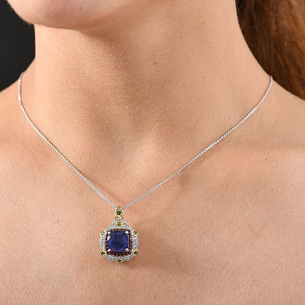 D'Joy Masoala Sapphire (D) And Multi Gemstone 7.60 Ctw Regal Bloom Pendant Necklace 20 Inches In 18K Vermeil YG And Rhodium Over Sterling Silver