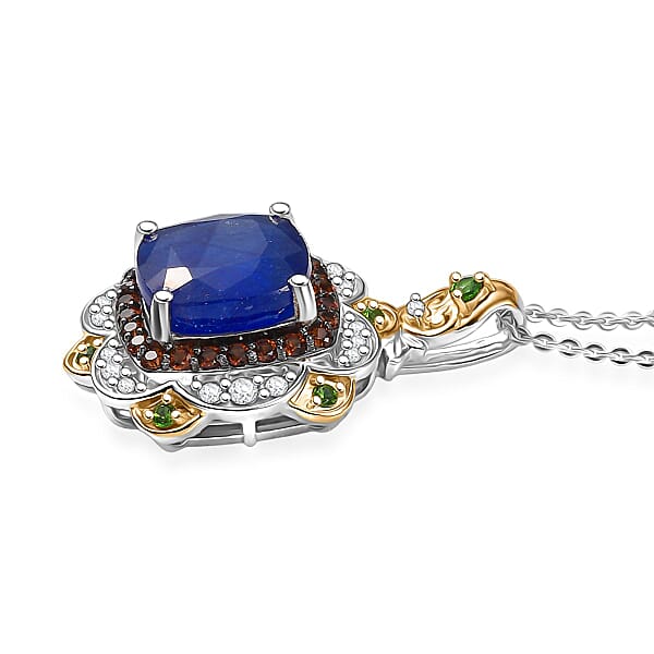 D'Joy Masoala Sapphire (D) And Multi Gemstone 7.60 Ctw Regal Bloom Pendant Necklace 20 Inches In 18K Vermeil YG And Rhodium Over Sterling Silver