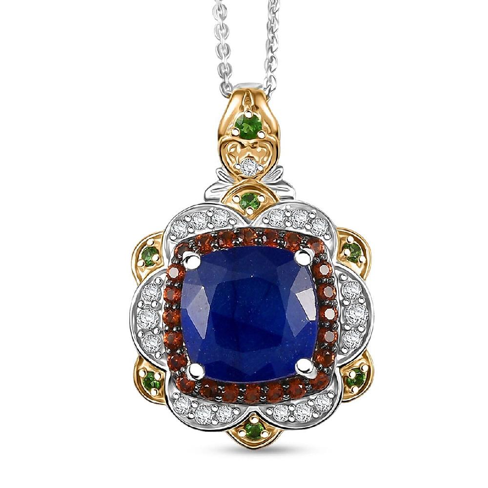 D'Joy Masoala Sapphire (D) and Multi Gemstone 7.60 ctw Regal Bloom Pendant Necklace 20 Inches in 18K Vermeil YG and Rhodium Over Sterling Silver