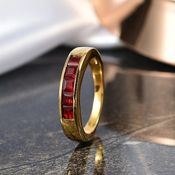 D'Joy Mexican Cherry Fire Opal 0.50 Ctw Art Deco Ring In 18K Vermeil Yellow Gold Over Sterling Silver