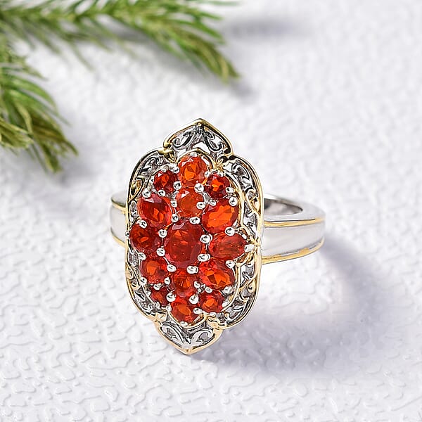 D'Joy Mexican Cherry Fire Opal 1.65 Ctw Art Deco Ring In 18K Vermeil YG And Rhodium Over Sterling Silver