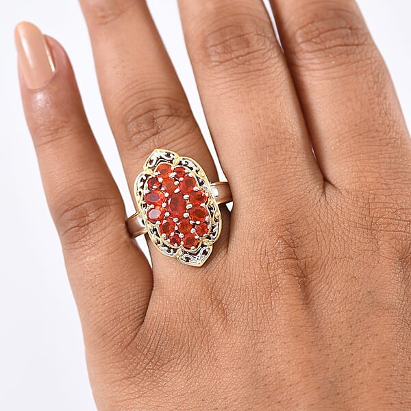 D'Joy Mexican Cherry Fire Opal 1.65 Ctw Art Deco Ring In 18K Vermeil YG And Rhodium Over Sterling Silver