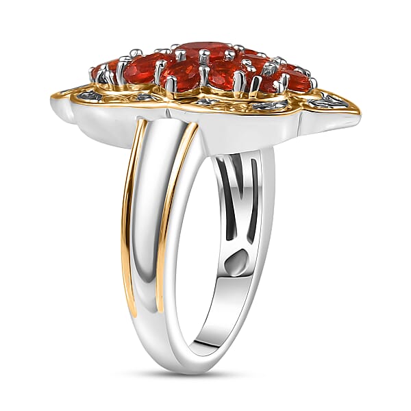 D'Joy Mexican Cherry Fire Opal 1.65 Ctw Art Deco Ring In 18K Vermeil YG And Rhodium Over Sterling Silver