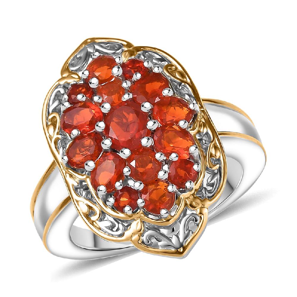 D'Joy Mexican Cherry Fire Opal 1.65 ctw Art Deco Ring in 18K Vermeil YG and Rhodium Over Sterling Silver