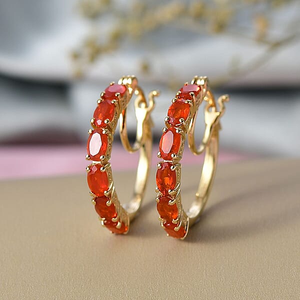 D'Joy Mexican Cherry Fire Opal 1.85 Ctw Hoop Earrings In 18K Vermeil Yellow Gold Over Sterling Silver