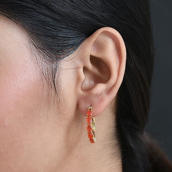 D'Joy Mexican Cherry Fire Opal 1.85 Ctw Hoop Earrings In 18K Vermeil Yellow Gold Over Sterling Silver