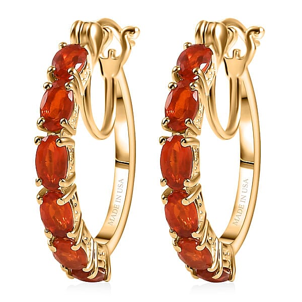 D'Joy Mexican Cherry Fire Opal 1.85 Ctw Hoop Earrings In 18K Vermeil Yellow Gold Over Sterling Silver