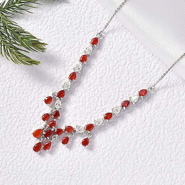D'Joy Mexican Cherry Fire Opal 3.25 Ctw V-shaped Silhouette Necklace In Rhodium Over Sterling Silver 18 Inches