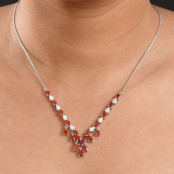 D'Joy Mexican Cherry Fire Opal 3.25 Ctw V-shaped Silhouette Necklace In Rhodium Over Sterling Silver 18 Inches