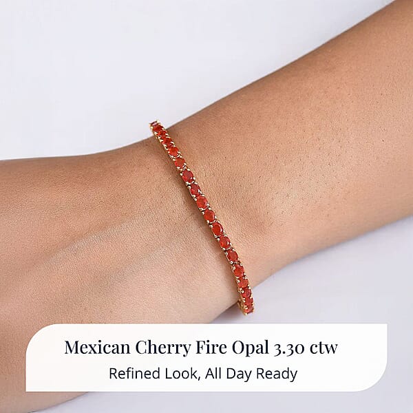 D'Joy Mexican Cherry Fire Opal 3.30 Ctw Bracelet In 18K Vermeil Yellow Gold Over Sterling Silver (7.25 In)