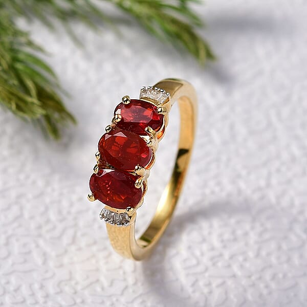 D'Joy Mexican Cherry Fire Opal And Diamond 0.90 Ctw Art Deco Ring In 18K Vermeil Yellow Gold Over Sterling Silver