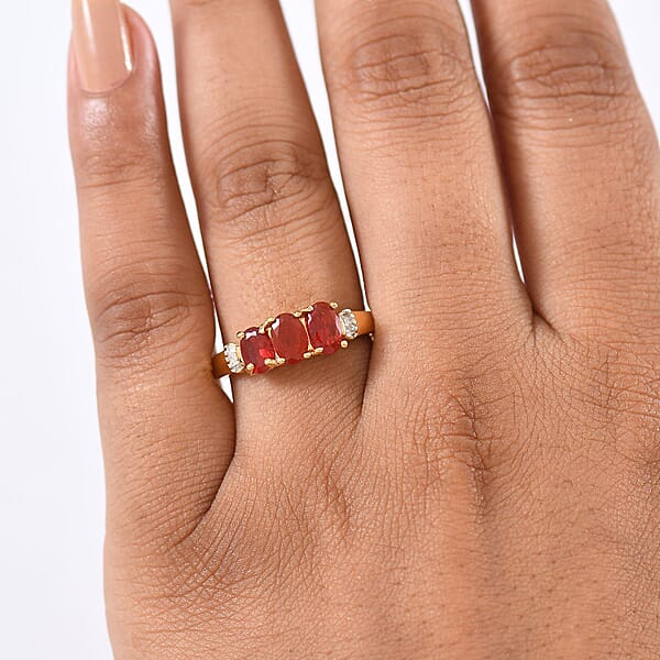 D'Joy Mexican Cherry Fire Opal And Diamond 0.90 Ctw Art Deco Ring In 18K Vermeil Yellow Gold Over Sterling Silver
